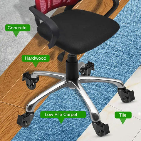 Office chair with 2 inch swivel caster wheels with locking brake on various floor surfaces, threaded 3/8-16 UNC imperial stem.