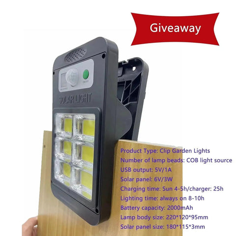 Front view of a black solar garden light with a 3x3 LED COB panel and an on/off switch.