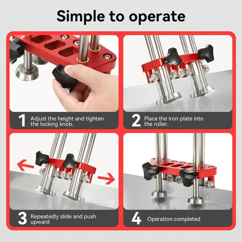 Steps demonstrating use of Sheet Metal Roller And Two Station Bender For Metal Roofing Tools And Fabrication 0 To 100 Degree Bends Lightweight Portable 7 Inch Large Roller