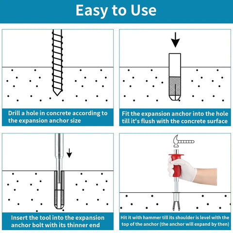 Diagram showing steps to use large drop in anchor hand setting tool with handle for half inch female thread drop in anchors.