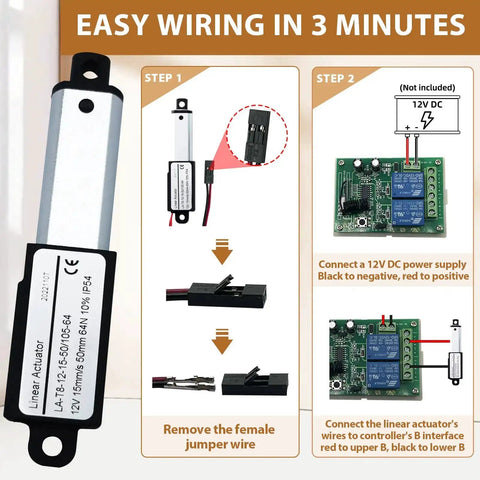 Ultra Compact 12V DC Linear Actuator With Remote Control Kit Two Inch Stroke 64N Load About 14.4 Lb wiring instructions