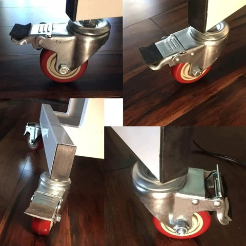 Close-up of Heavy Duty Swivel Stem Castors With Red PU Wheels Double Locking Quiet Smooth Non Marking Floor Safe Load Capacity 800-1000 Lb Metric M10-1.5x25mm Threads 2 Inch Wheels Pack Of 4 Ideal For Carts And Cabinets installed on furniture.