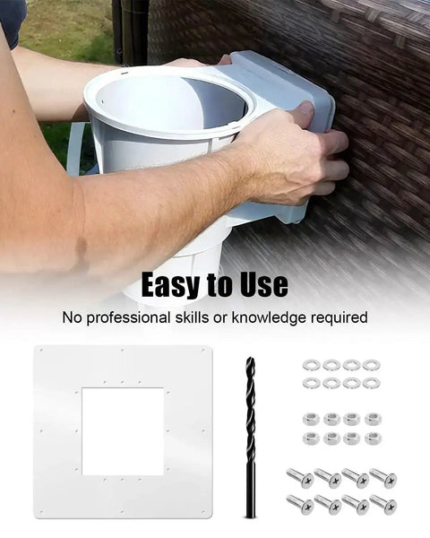 Upgraded Pool Wall Repair Panel For Above Ground Pools installation with stainless steel skimmer and water return repair kit tools.
