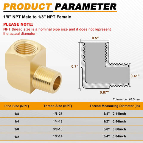 Diagram and specs of Barstock Brass Elbow Fittings One Eighth NPT Male To One Eighth NPT Female 90 Degree Street Elbow for hydraulic systems
