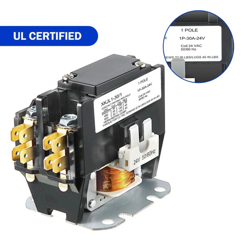 Go-To 24V 30A HVAC Contactor Relay 1 Pole, UL Certified, Heavy-Duty Replacement, product details label visible