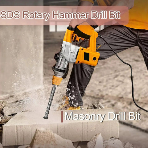 Person using 1-1/8 Inch SDS Plus Masonry Drill Bit for concrete block, rotary hammer drill compatible, visible carbide tip.