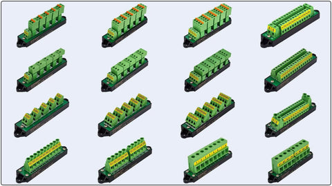 16 Amp AC DC 48 Volt 2 By 12 Position Terminal Block Distribution Module For Power Control Panels, multiple modules shown.