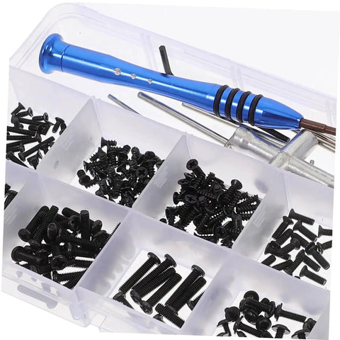 All In One Pro Grade RC Car Screw Tool Kit with nuts, bolts, and repair tools in a durable accessory box for easy maintenance.