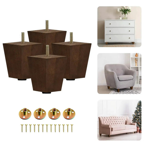 3 Inch Square Wood Furniture Legs Set Of 4 With Levelers, adjustable tapered replacement feet brown walnut solid wood finish.