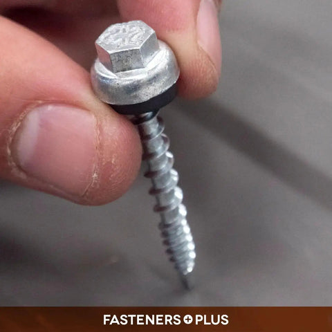 Close-up of Micro Bit ZXL WoodBinder Self Drilling Screws For Metal To Wood Size Ten By One And One Half Inch Galvanized With EPDM Washer