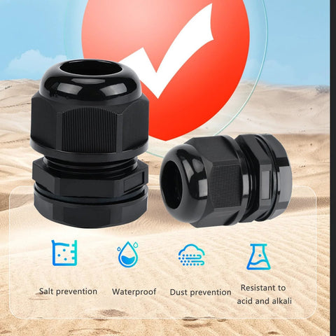 Two black Aandxmok PA66 waterproof cable glands, PG7 thread, 3-6.5mm entry, 30-piece set for electrical installations
