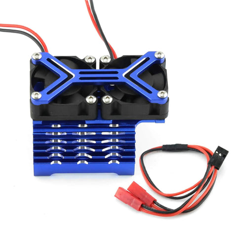 Beefy Dual 15000 RPM RC Brushless Motor Cooling Fan With 42mm Aluminum Heatsink For 4274 4068 4268 Motors showing top view.