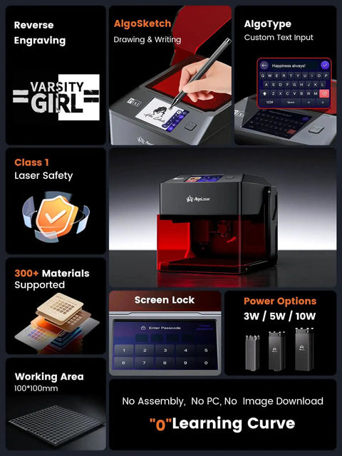 Portable 10W Laser Engraver For Wood Metal Glass With 3.5 Inch Touchscreen And AlgoOS No PC Needed Draw Direct Or Upload Designs Wirelessly Offline Engraving And Cutting By AlgoLaser featured with touchscreen and safety features.