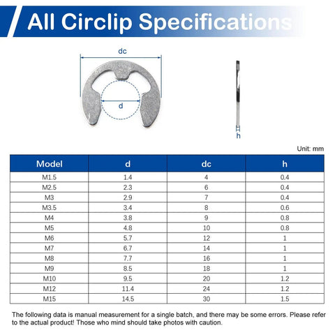 Beefy 300Pcs Stainless Steel E Clips Kit With 10 Sizes M1.5 To M10 External Circlip Snap Rings Specifications Chart
