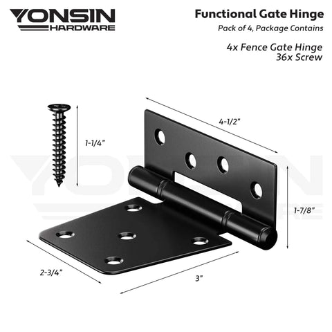 Diagram of a 3.5 Inch Heavy Duty Strap Gate Hinges Kit For Wooden Gates Vinyl Fence And Barn Doors 4 Pcs Black with measurements shown.