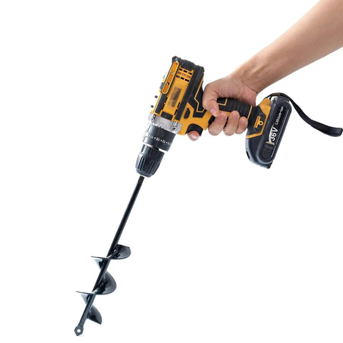 Hand holding drill with attached Set Of 4 Bulb Planting Auger Bits For Drill Three Eighths Inch Hex Drive 1.6x9 2.4x12 3.2x16 And 4x16 Inches Digs
