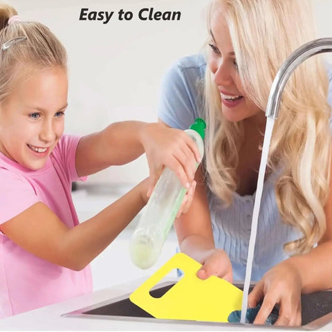 Mother and daughter cleaning a cutting board from the 17 Piece Kid Friendly Kitchen Set For Toddlers Real Cooking Safe Knives