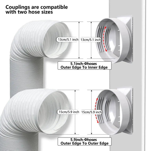 Sliding Door Air Conditioner Vent Kit With Universal Five Point Nine Inch Hose And Coupler showing hose size compatibility chart