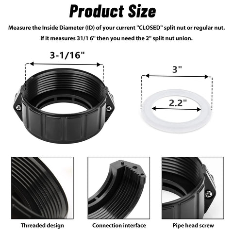 Adabuing spa heater split nut union with screws; black threaded nut and white gasket ring, 3 in outer diameter, 2.2 in inner diameter, 2-pack