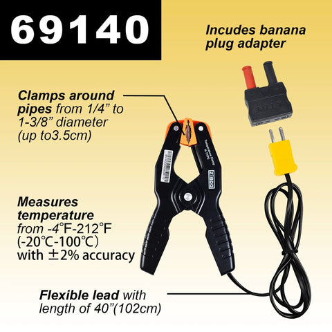ZIBOO 69140 K-Type thermometer clamp meter with pipe clamp for 1/4–1-3/8 in pipes, black/orange grip, banana plug adapter included