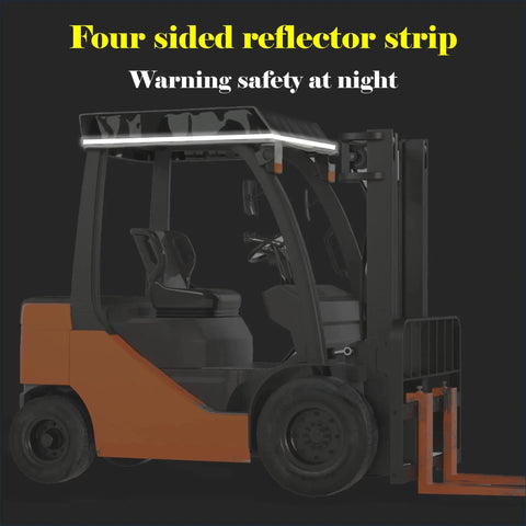 Side view of a forklift with a Forklift Roof Top Cover Black Transparent PVC 0.5mm Uv Shield 47W X 45L and reflector strips.