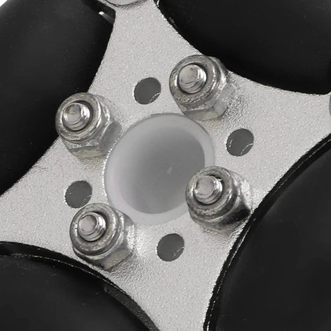 Close-up of Double Aluminum Omni Wheel Set for Robotics Projects and Competitions with 360 Degree Rotation, showing center bolts.