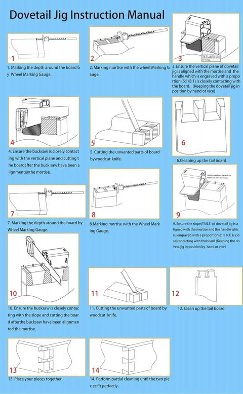 Instruction manual for Woodworking Dovetail Jig For Precise Joints With Magnetic Base And Adjustable Fence Easy To Use Hand Saw Guide For Pro Grade Dovetails Mortises And Tenons In 1 To 8 And 1 To 6 Ratios, showing step-by-step usage illustrations.