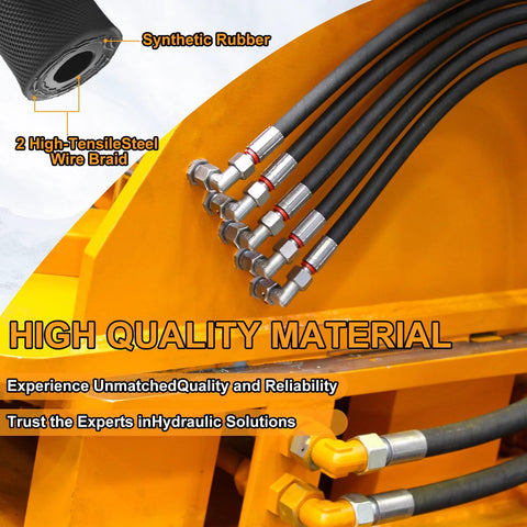 Hydraulic hoses 3/8 in, steel-wire braided with JIC 37° female and NPT male fittings on orange industrial equipment
