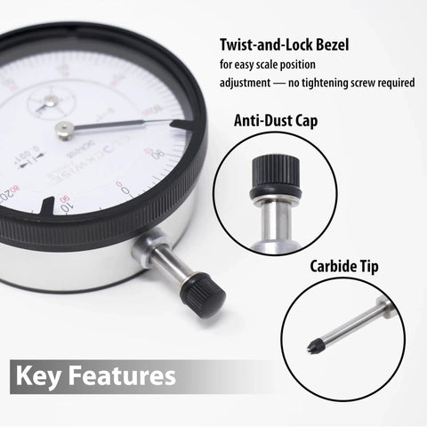 Close-up of Accurate Dial Indicator With Magnetic Base Stand DIMR-0105 showing twist-lock bezel, anti-dust cap, and carbide tip.