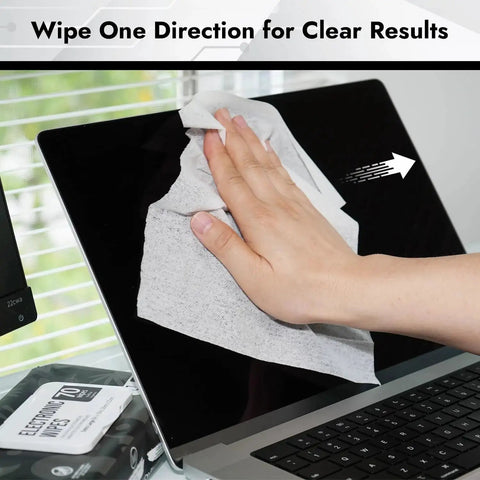 Hand using Streak Free Electronics Wipes Screen Cleaner 70 Count 8x10 No Cloth Needed on laptop screen