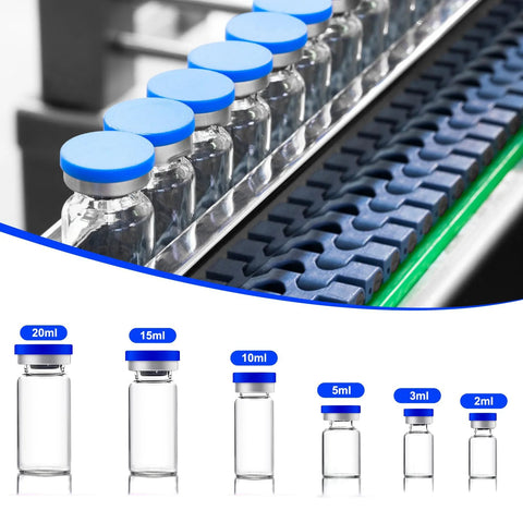 Glass vials with blue flip caps on a production line, front view; assorted sizes 2ml–20ml.
