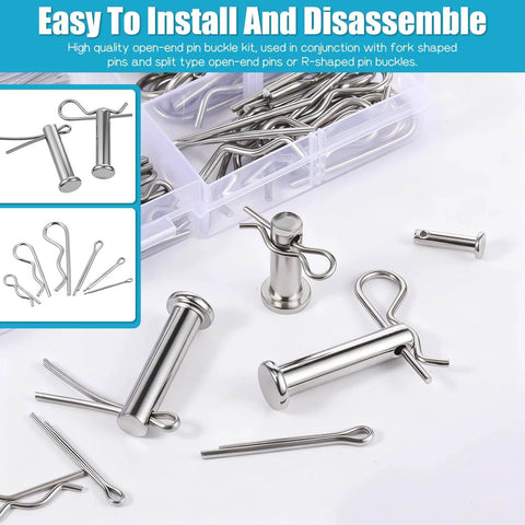 132 Piece Clevis Pin And Cotter Pin Assortment Kit in 304 Stainless Steel with 15 sizes displayed on a table with a clear box.