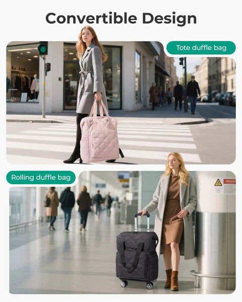 Rolling Duffle Bag With Wheels 35L Carry On Travel Bag shown as tote and hand truck in urban setting and airport context