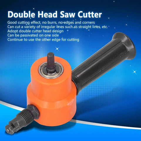 Double Head Sheet Metal Nibbler For Drills, 360 Degree Adjustable Cutter for straight, curve, circle cuts on blue background.
