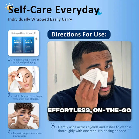 Man using Eyelid Wipes With Tea Tree Oil For Blepharitis And Styes For Sensitive Eyes, shown in step-by-step usage guide.