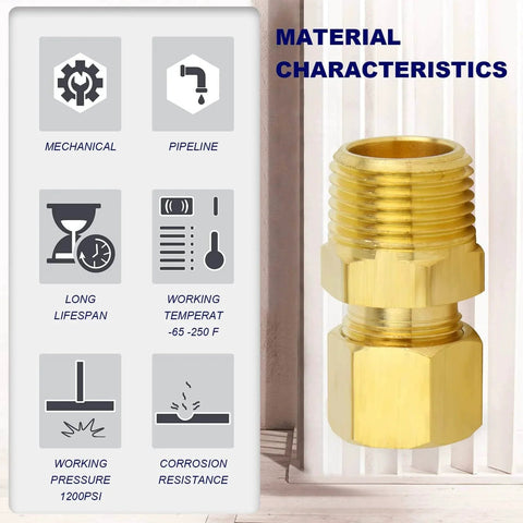 Brass Compression Tube Fitting 1/2 Inch OD x 1/2 Inch NPT Male Compression Union Connector 5 Pack with durability features.