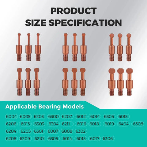 33 In 1 Blind Hole Bearing Puller Kit with curved hook and 6 collet sizes, showing product size specification and bearing models.