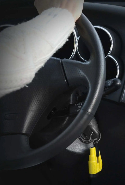 Emergency Car Escape Tool Accessory Pack With Visor Clip Lanyard Keyring And Cable Tie For Resqme attached to steering wheel