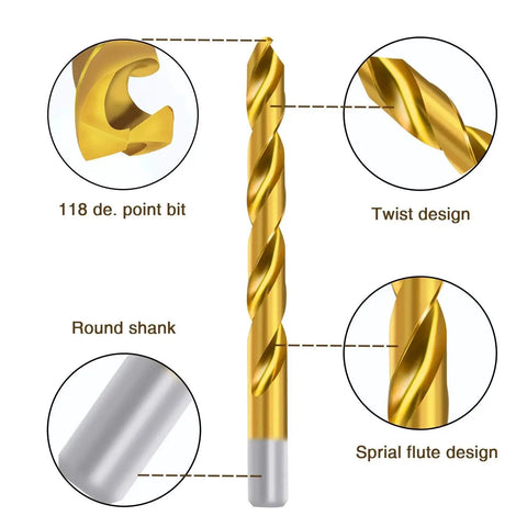 Close-up view of Titanium Drill Bit Kit Set for Metal and Wood, 230-Piece Pro Grade with Titanium Coated HSS Bits, 118 Degree Tip