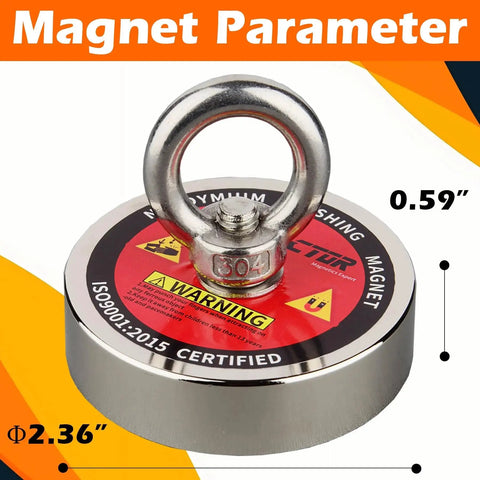 Front view of Heavy Duty N52 Neodymium Magnet Fishing Kit With 500 Lb Pull And 20 Meter Rope showing dimensions.