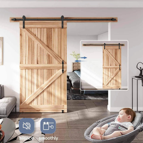 8 Ft Sliding Barn Door Hardware Kit With Straight Pulley Track For A Smooth Glide Like Butter And Quiet Operation, For 40 To 48 Inch Single Doors displayed in a living room setting with a sleeping baby nearby.