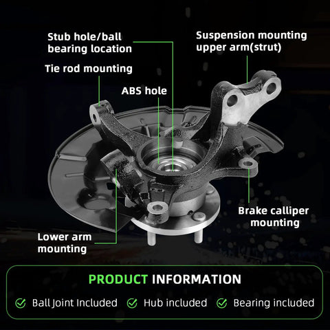 Left Front Steering Knuckle and Wheel Bearing Hub Assembly for 2012 to 2017 Toyota Camry 2.5L L4 with labeled components.