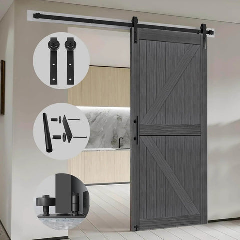 Deep Gray MDF Barn Door With British Brace Knotty Style, 48 By 84 Inches, Includes 8 Foot Sliding Door Hardware Kit installed