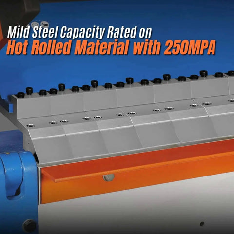Close-up of 120 Inch Manual Sheet Metal Brake with 14 Gauge Capacity Pro Grade Built Tough for Big Jobs, adjustable fingers visible