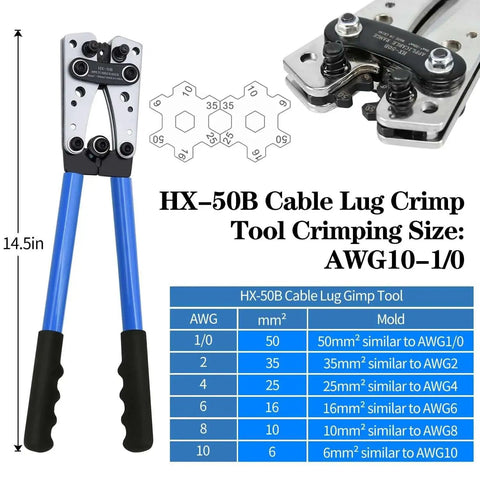 All In One Cable Lug Crimping Tool Kit With 74 Copper Wire Lugs And 100 Dual Wall Adhesive Heat Shrink Tubing For AWG 10 To 1/0