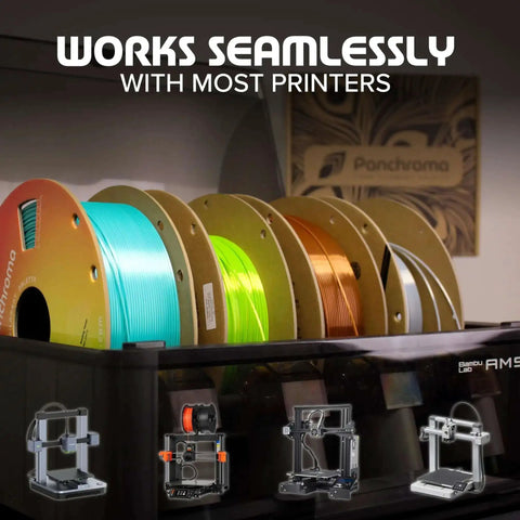 Display of multiple 3D printer filaments including White 1.75mm PLA 3D Printer Filament, 1kg Spool, Easy To Print With High Speed Extrusion.