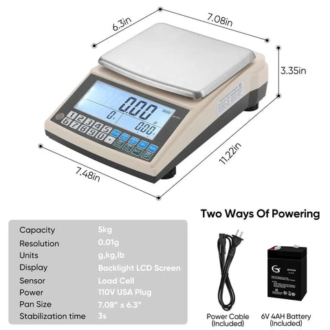 Pro Grade 0.01g Lab Scale With 5000g Capacity, Gram Counting Balance, RS232 Port, Calibration Weight, Battery Included