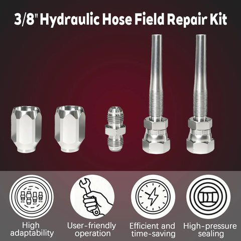 3/8 in hydraulic hose repair kit in stainless steel with two end caps, a small adapter, and two threaded fittings.