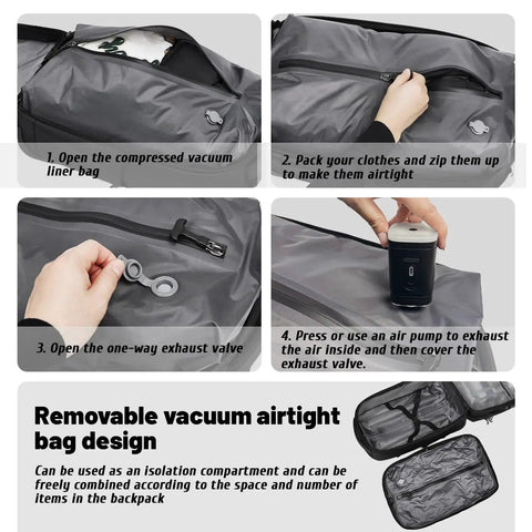 Instructions for using 21 Inch Carry On Luggage with removable vacuum seal bag and expandable vacpack, showing compression steps.