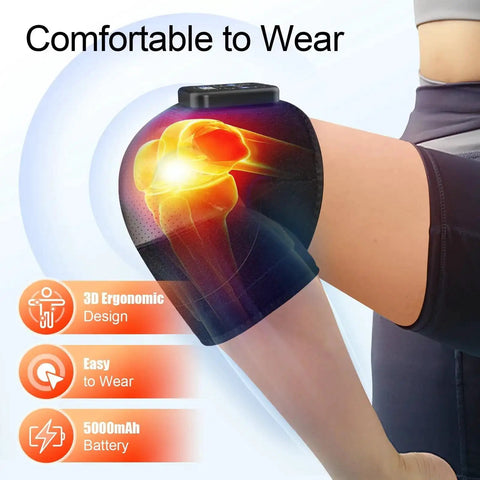 Cordless Knee Massager With Heat And Vibration worn on knee, highlighting ergonomic design and comfortable fit, ideal for pain relief.